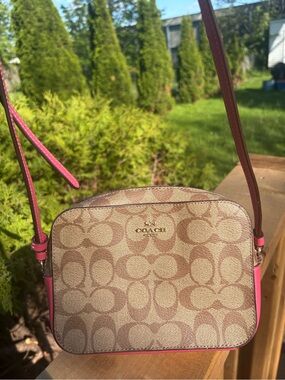 Coach Signature Canvas Crossbody in Brown with Pink Trim